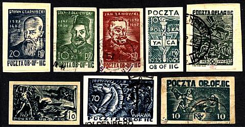 Briefmarken der Lager-Post des OfLag II C in Woldenberg