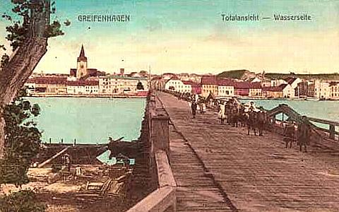 Pommern -- Greifenhagen mit Oder-Br&uuml;cke um 1890