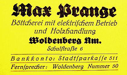 Woldenberg -- Briefbogen der B&ouml;ttcherei Max Prange, Schulstra&szlig;e 6