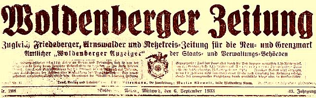 Woldenberg/Nm -- Titel der Woldenberger Zeitung vom 6.9.1933